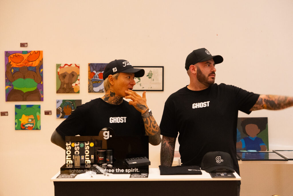 Ghost cannabis products showcased at Cannavita Astoria including vapes, flower, and pre-rolls.